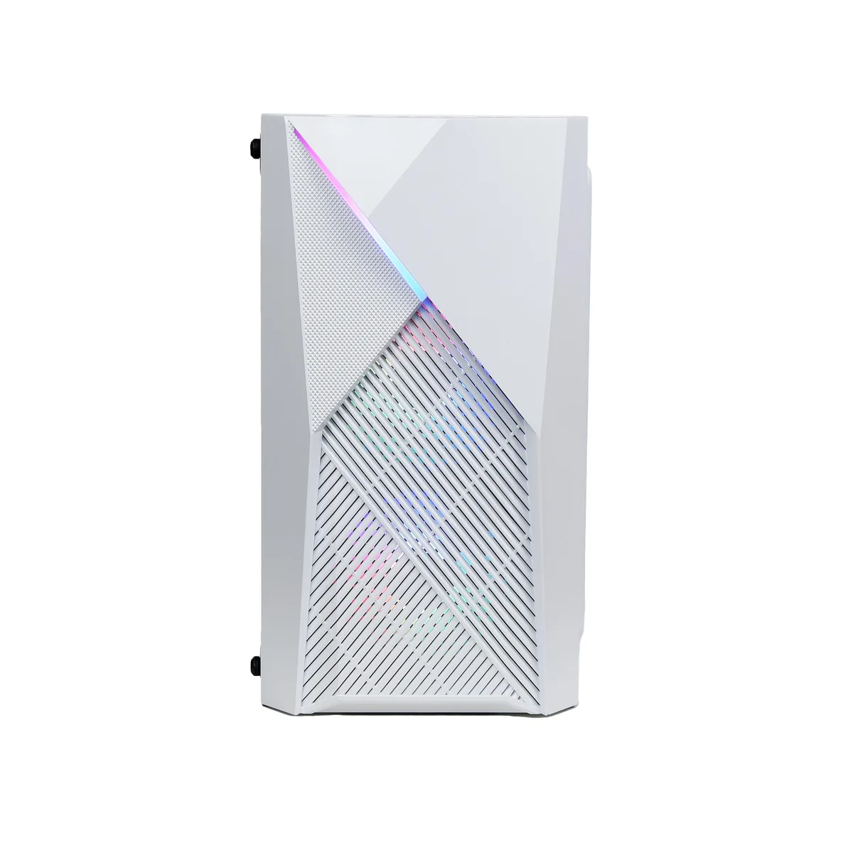 White gaming desktop tower with RGB case fans