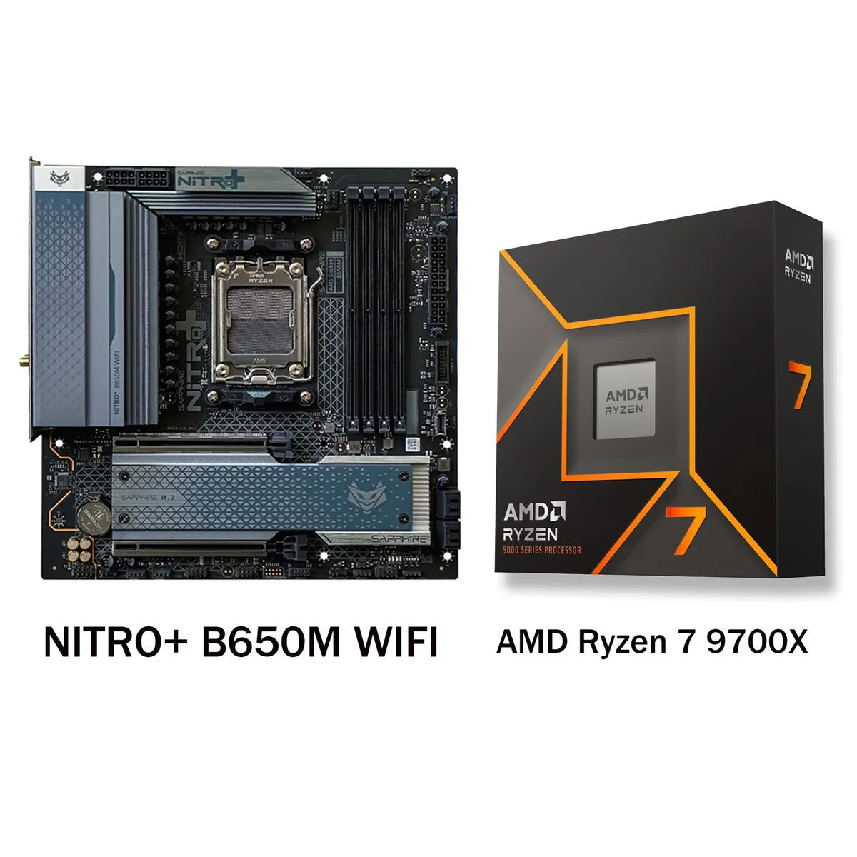 Sapphire NITRO+ B650M WiFi micro-ATX motherboard and Ryzen 7 9700X CPU in retail packaging
