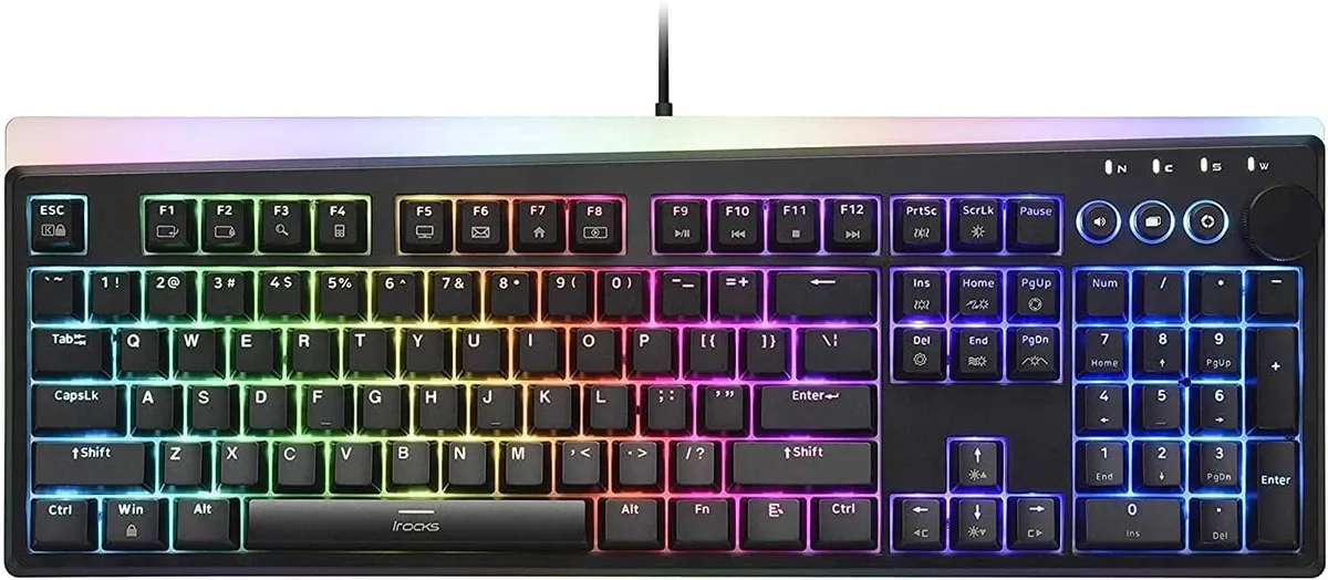 Black full-size mechanical keyboard with a media control knob, blue switches and PBT keycaps