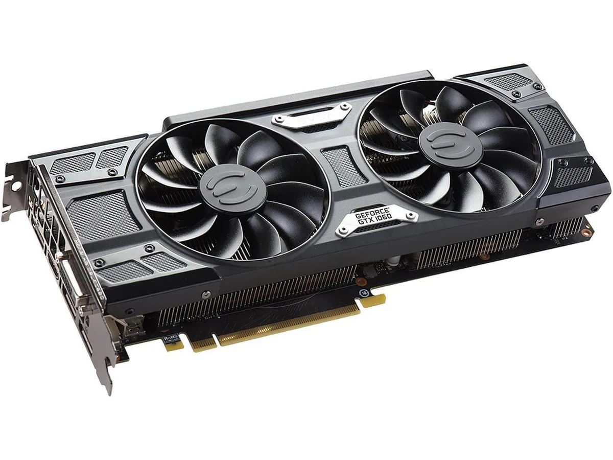 EVGA GeForce GTX 1060 6GB graphics card with dual-fan ACX 3.0 cooler in black and silver finish