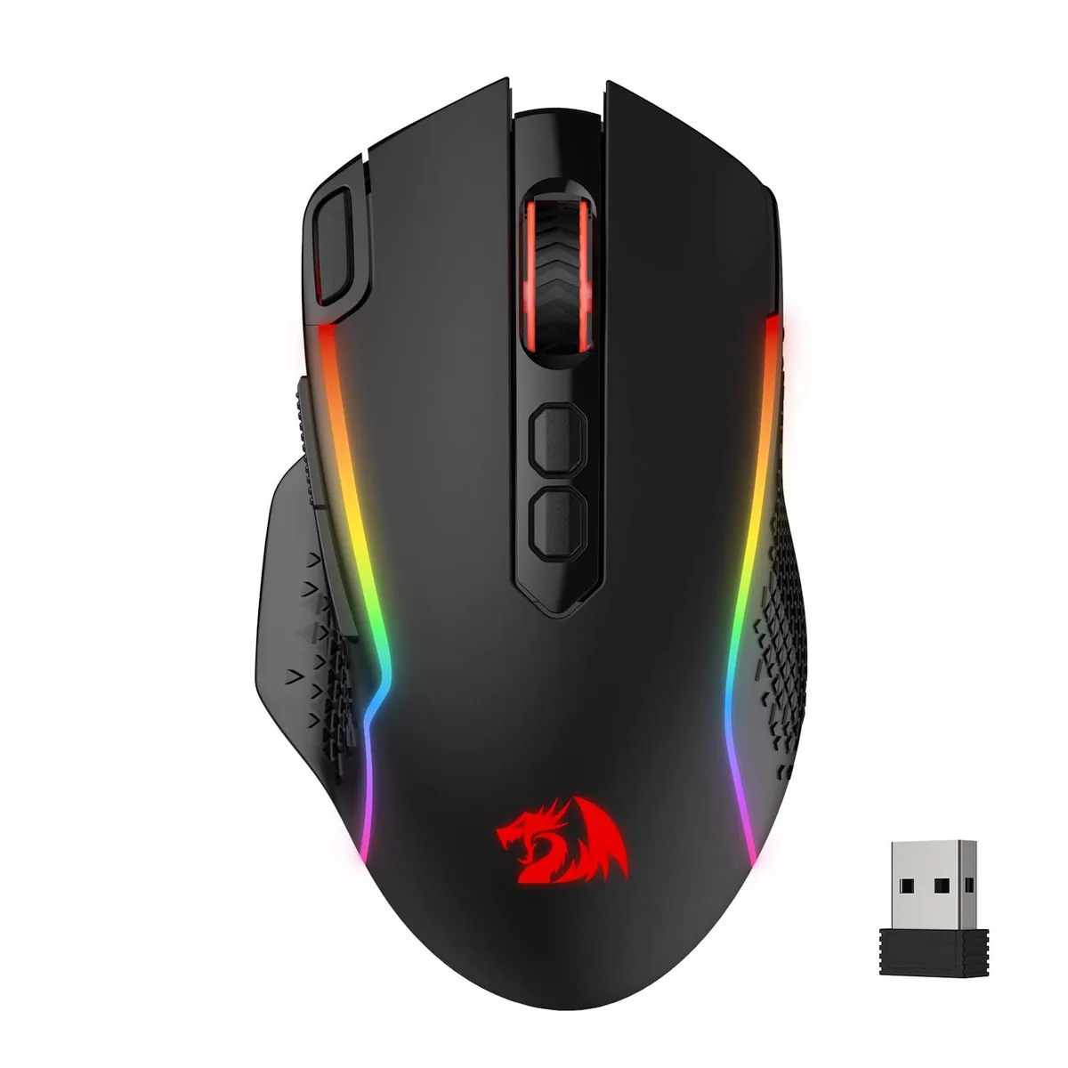 Black right-handed gaming mouse with textured finish and multiple side buttons