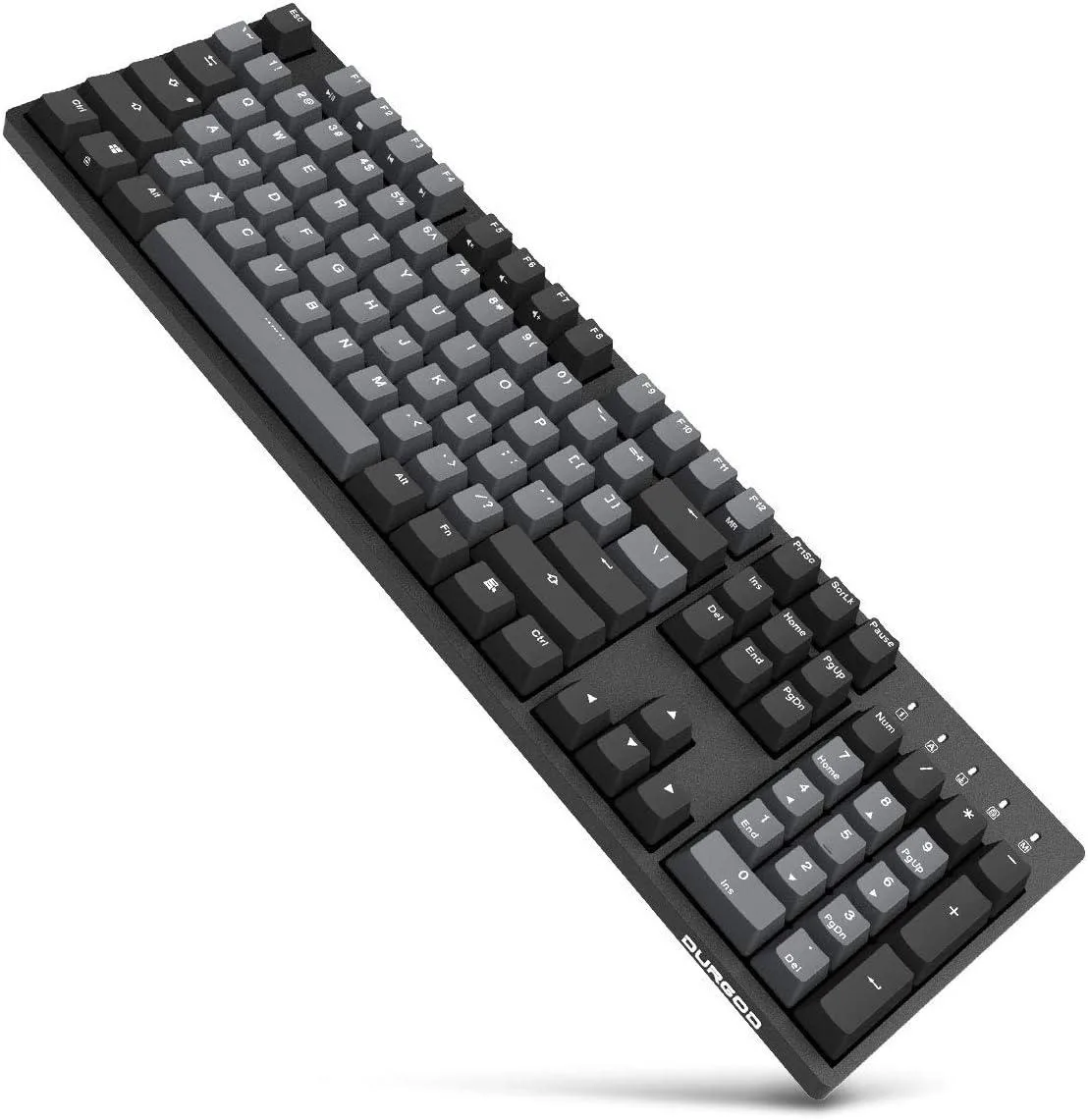 Full-size Space Gray mechanical keyboard with 104 keys and detachable USB-C cable
