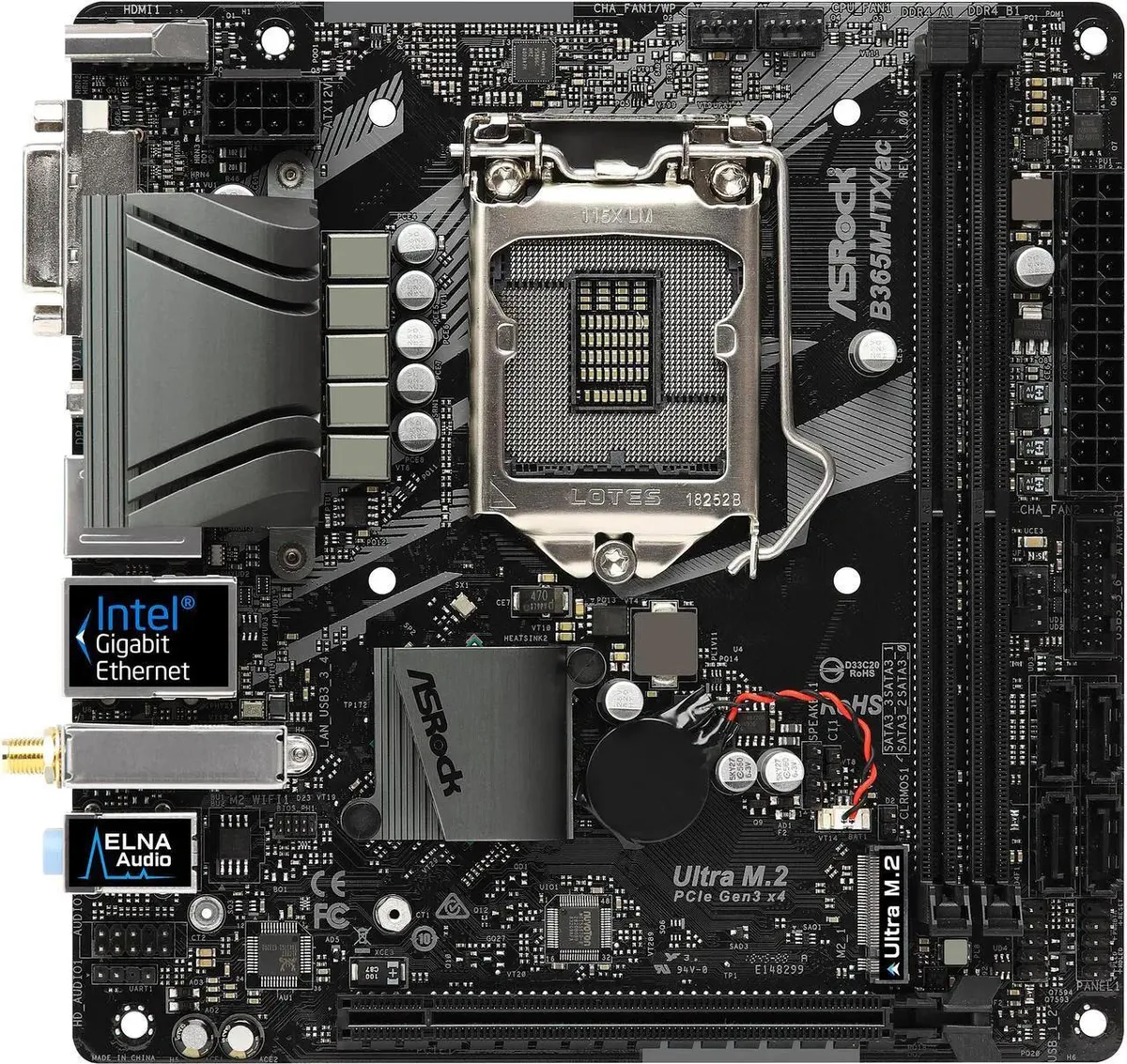 Compact green Mini-ITX motherboard with silver CPU socket, two black memory slots, full-size PCIe x16 slot