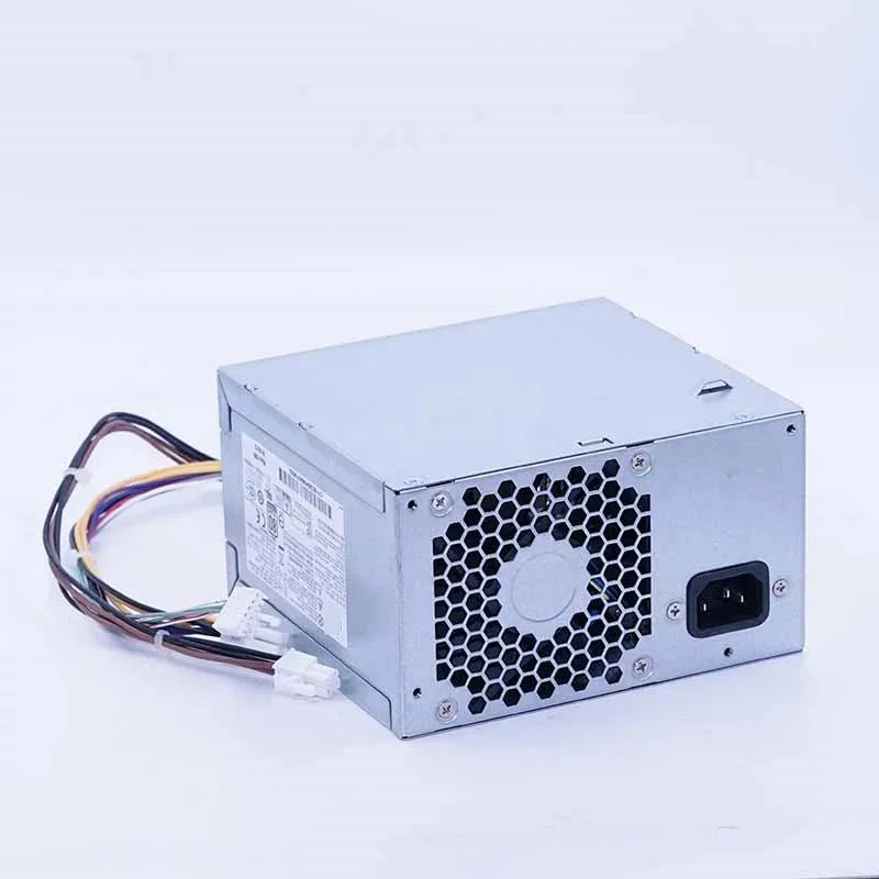 Rectangular ATX power supply unit with matte black metal casing and cooling fan grille