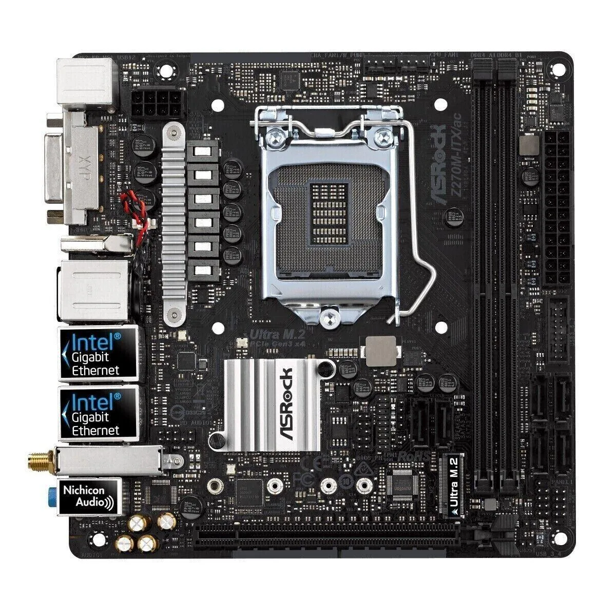 Mini-ITX motherboard with black PCB and silver heatsinks