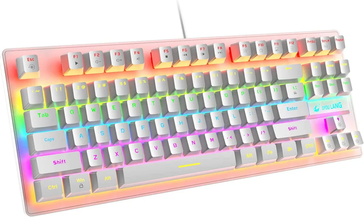 White compact 87-key mechanical keyboard with blue switches and rainbow backlighting