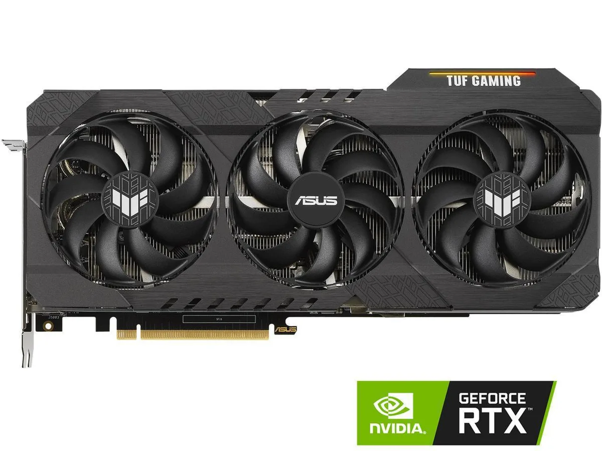 ASUS TUF Gaming GeForce RTX 3070 Ti graphics card with triple-fan cooler and metal backplate