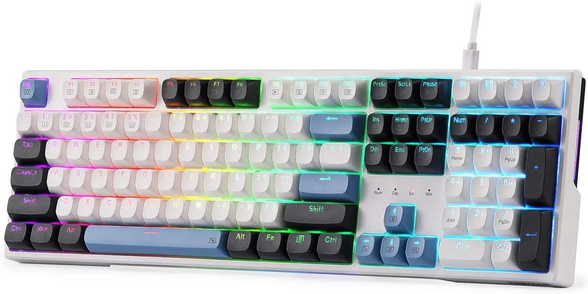 Full-size wired gaming keyboard with 108 mixed-color keycaps and gasket-mounted design