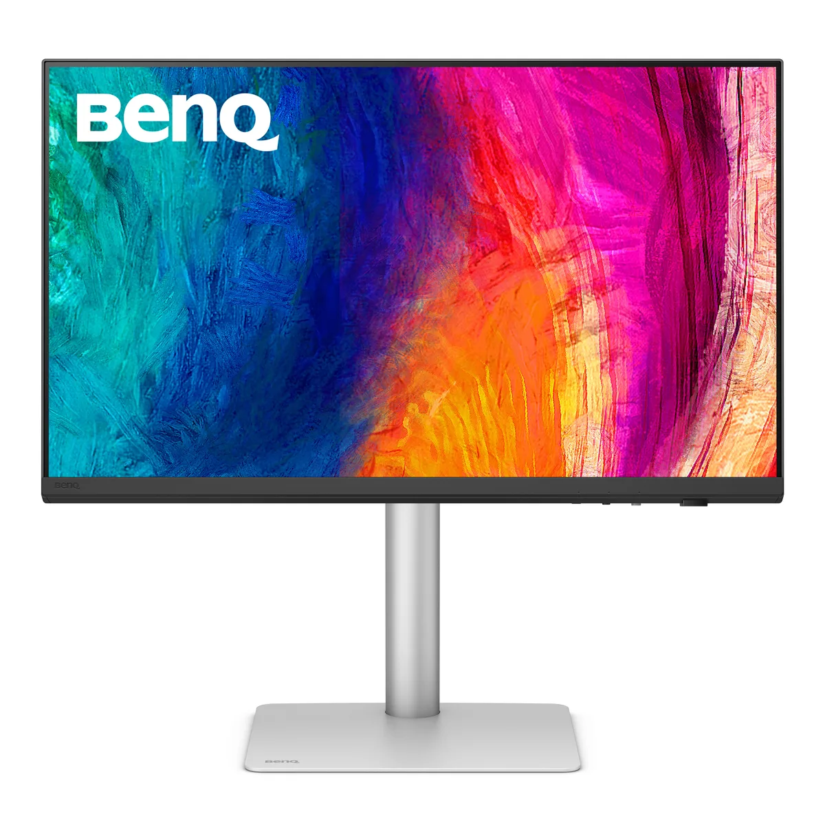 Black 27 inch flat monitor with thin bezels and a height adjustable stand