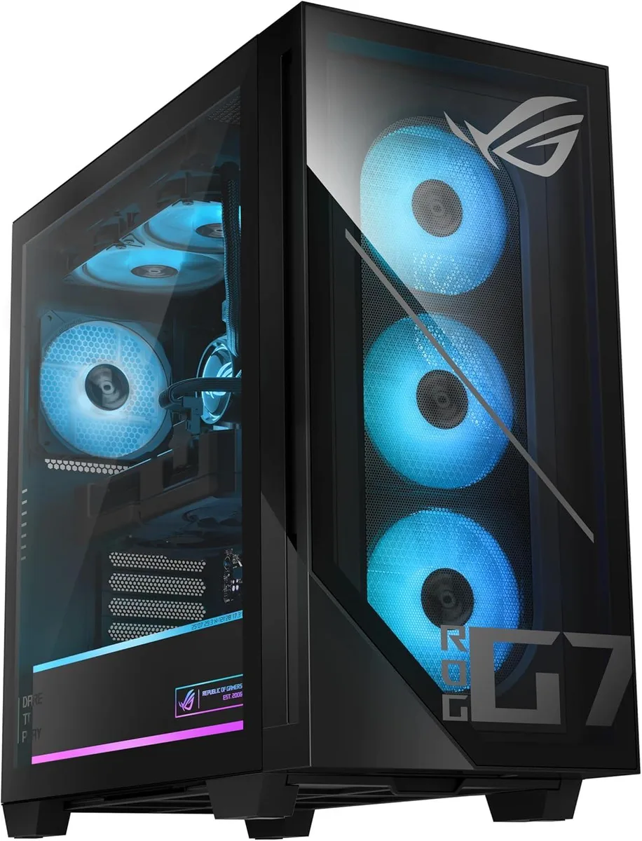 Large black tower PC with dual glass side panels and RGB lighting