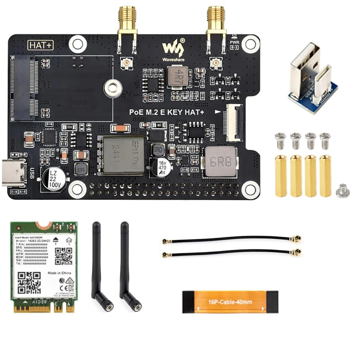 LORDWORLD LORDWORLD PCIe to M.2 E Key Adapter with PoE HAT &amp; Wireless-AX210 for Raspberry Pi 5 — produktfoto