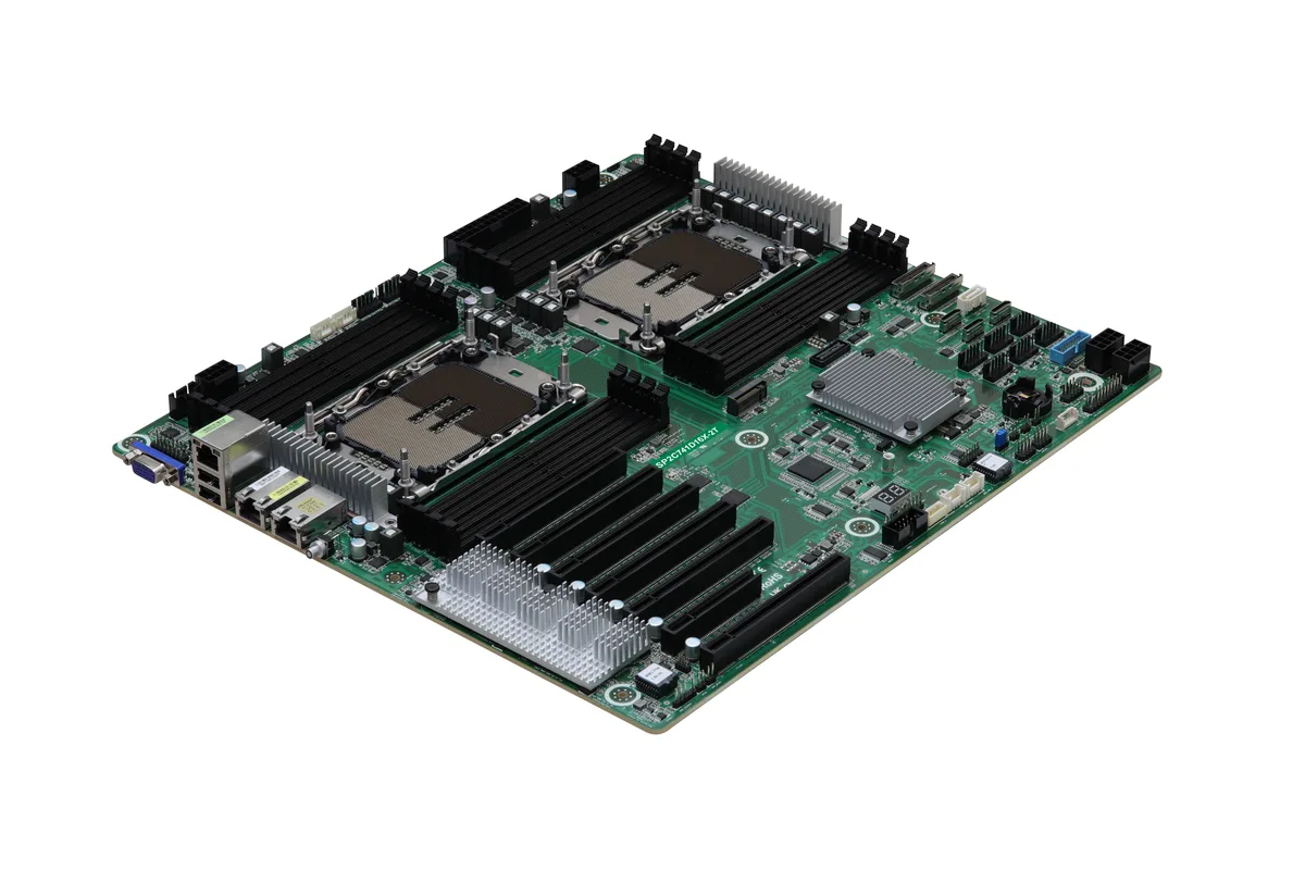 Green EEB server board, dual LGA 4677 sockets, sixteen DDR5 slots, six PCIe 5.0 x16, dual 10G RJ45