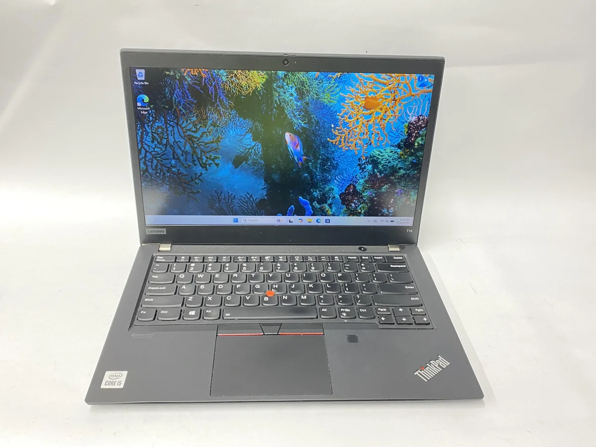 Silver 14 inch laptop closed showing matte finish and ThinkPad branding