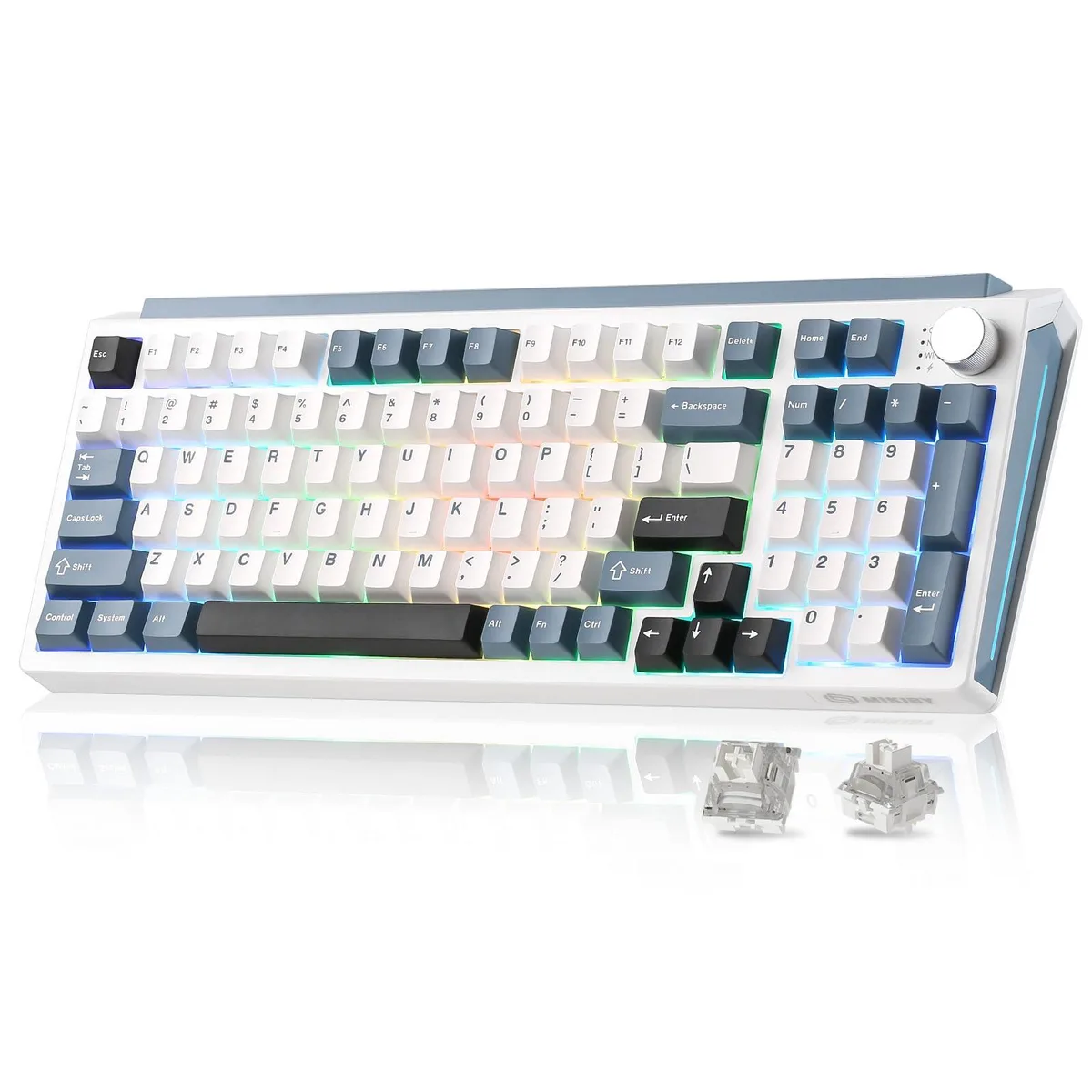 White and blue wireless mechanical keyboard with gasket mount, rotary knob and RGB backlighting