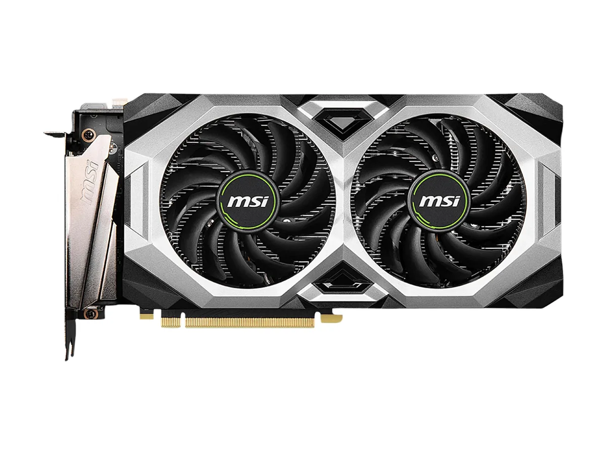Dual-fan graphics card in silver and black, compact rectangular shape with metal backplate visible