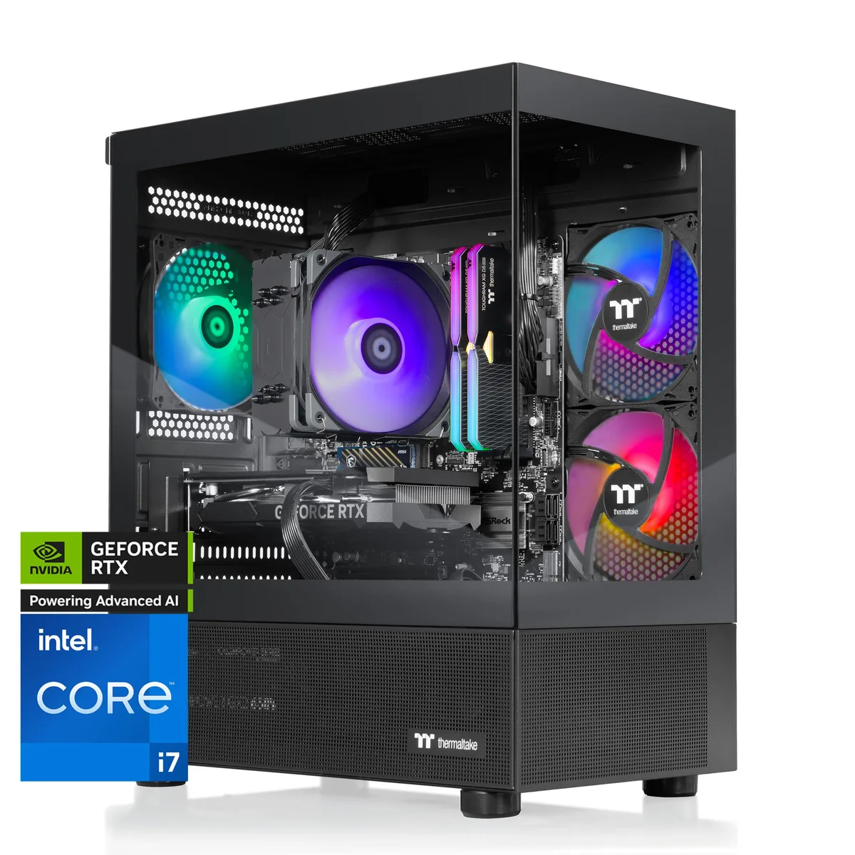 Black mid-tower gaming desktop with tempered glass side panel and ARGB lighting visible inside