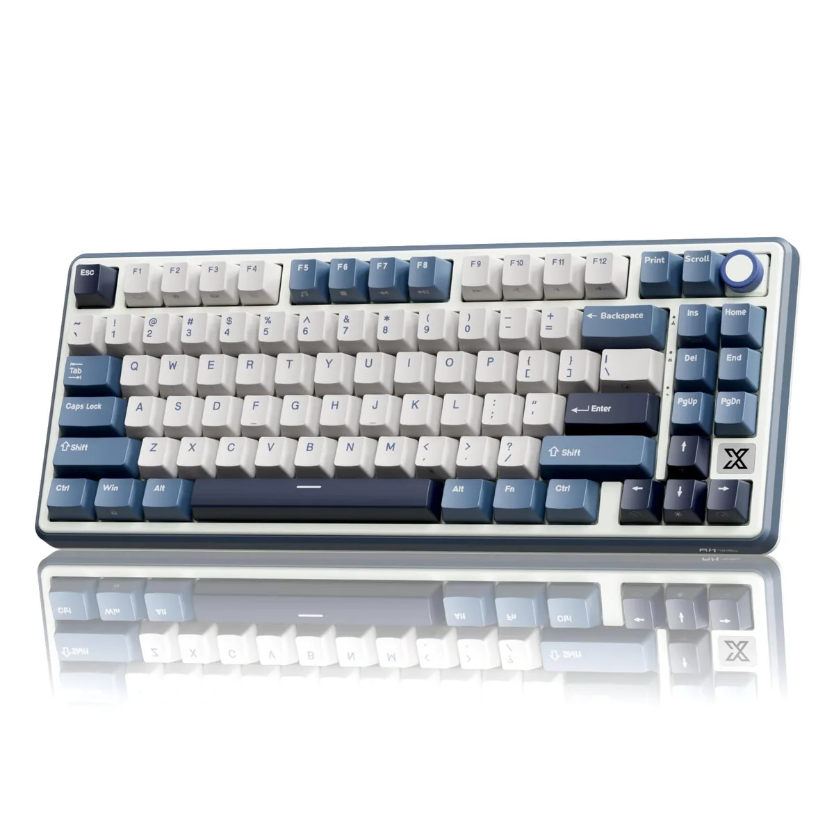 Compact blue 75% keyboard with aluminium volume knob and RGB backlight