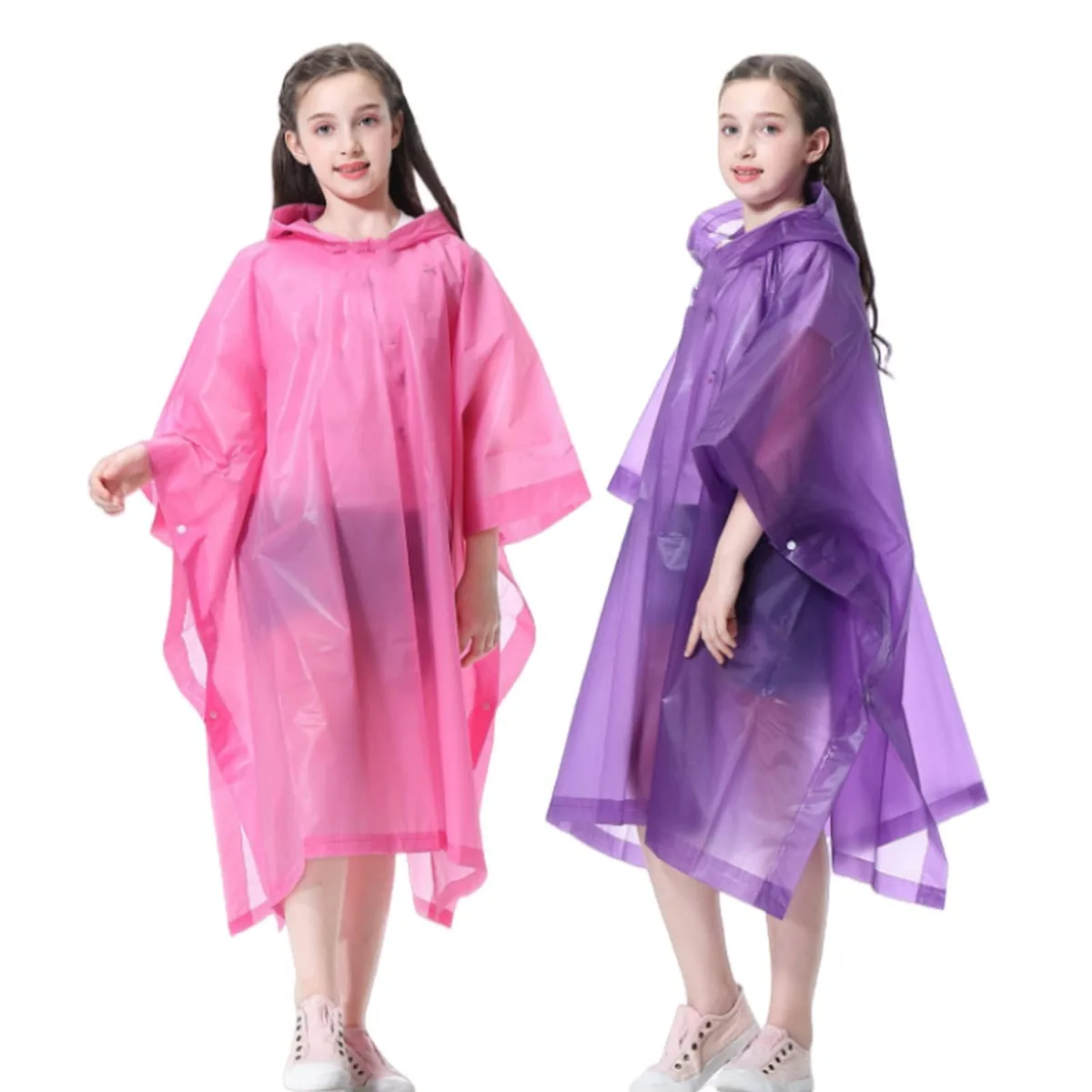  RUISHYY Kids Rain Poncho 2 Pack Pink Purple 100% EVA 0.15mm 43.5 x 35.5 in — product photo