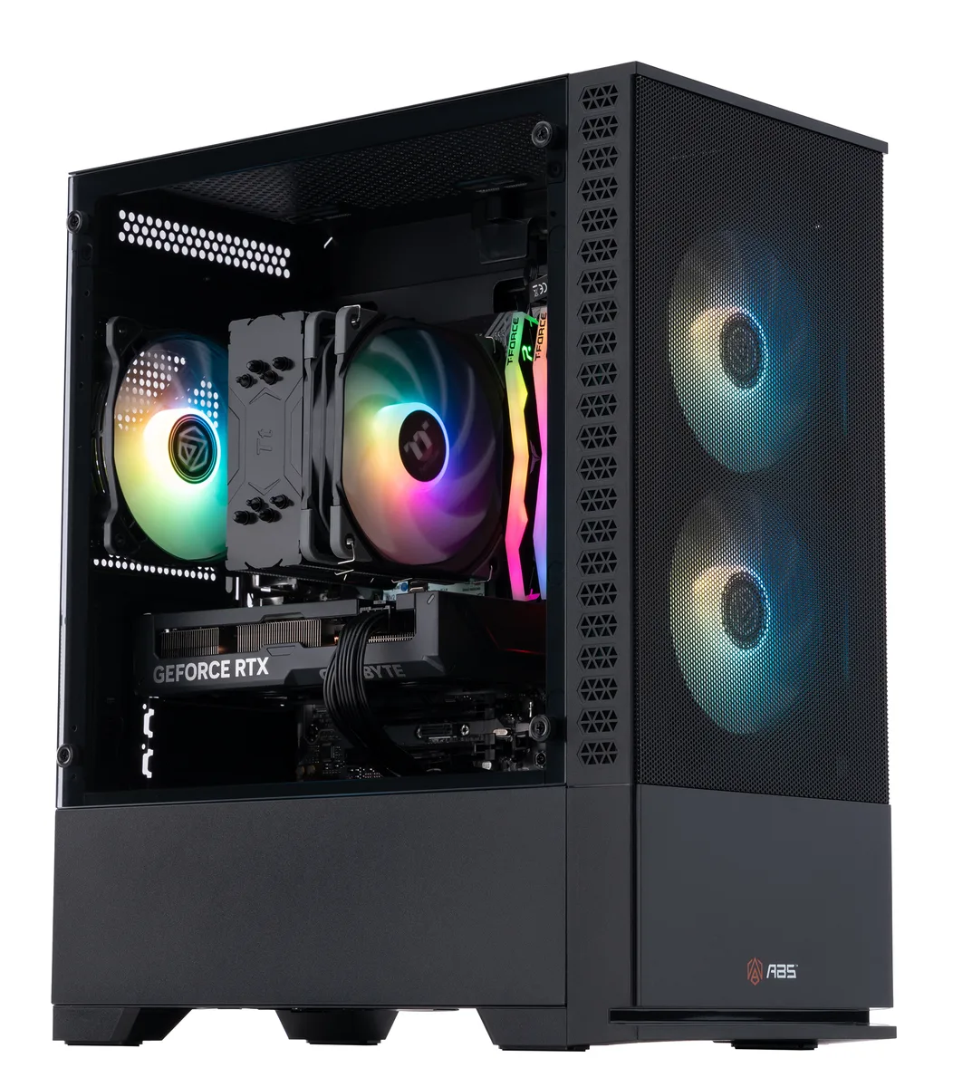 Black mATX gaming tower with ARGB cooler and RGB memory visible through glass side panel