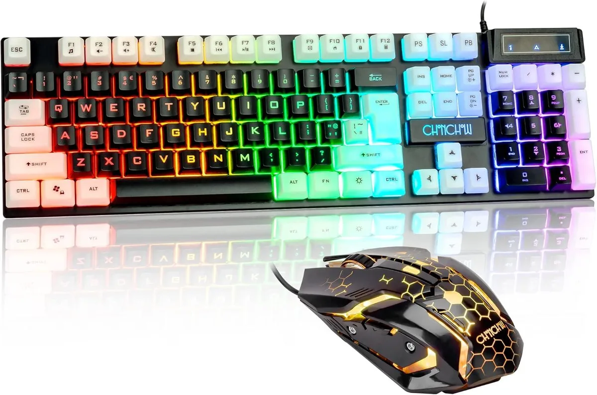Black full-size keyboard with rainbow backlight and matching wired mouse