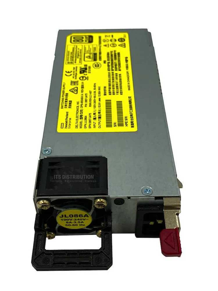 Rectangular silver power supply unit with ventilation slots and rear connector