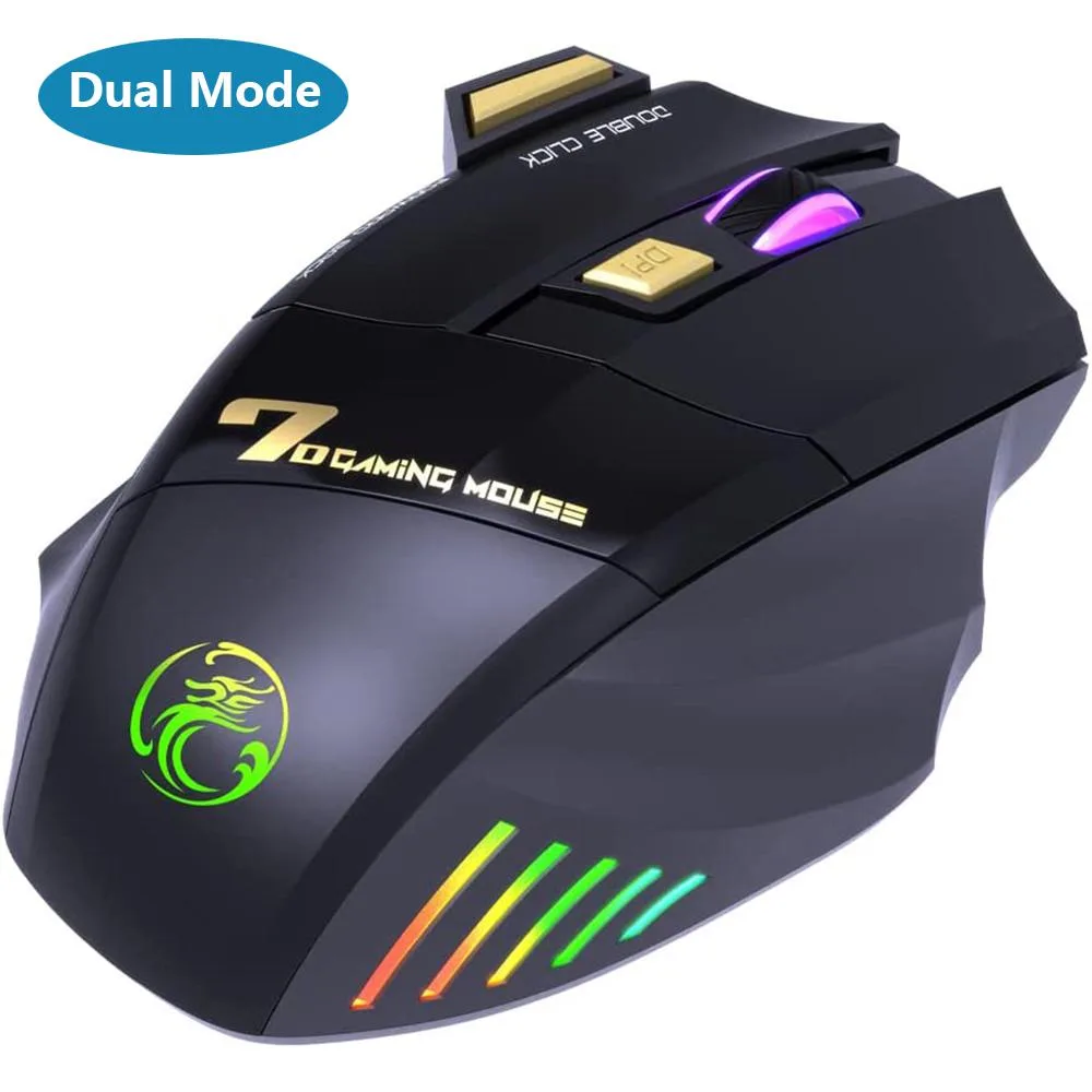 Black ergonomic wireless gaming mouse with 7-color RGB lighting and seven buttons
