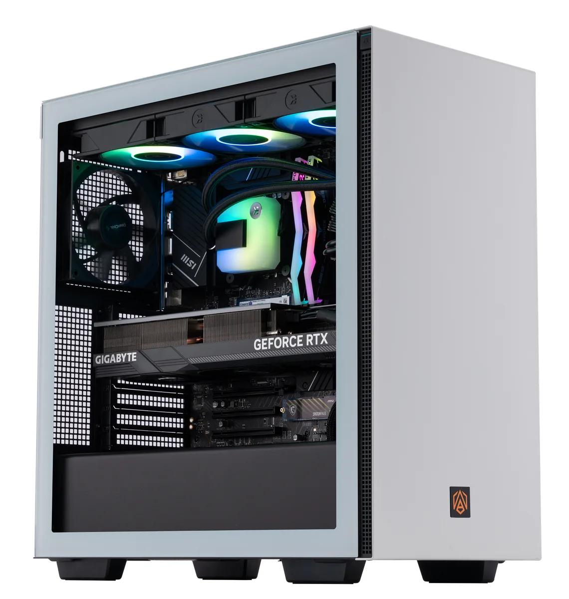 Gray ATX tower with tempered glass side panel and RGB lighting