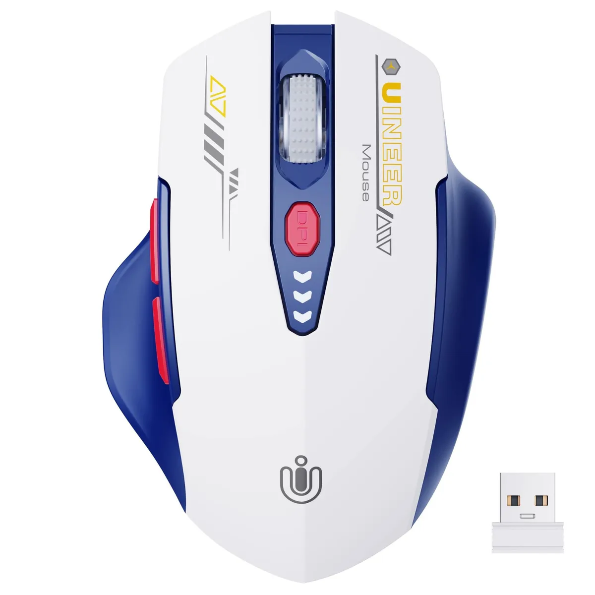 White and blue right-handed gaming mouse with 16 buttons and visible battery indicator