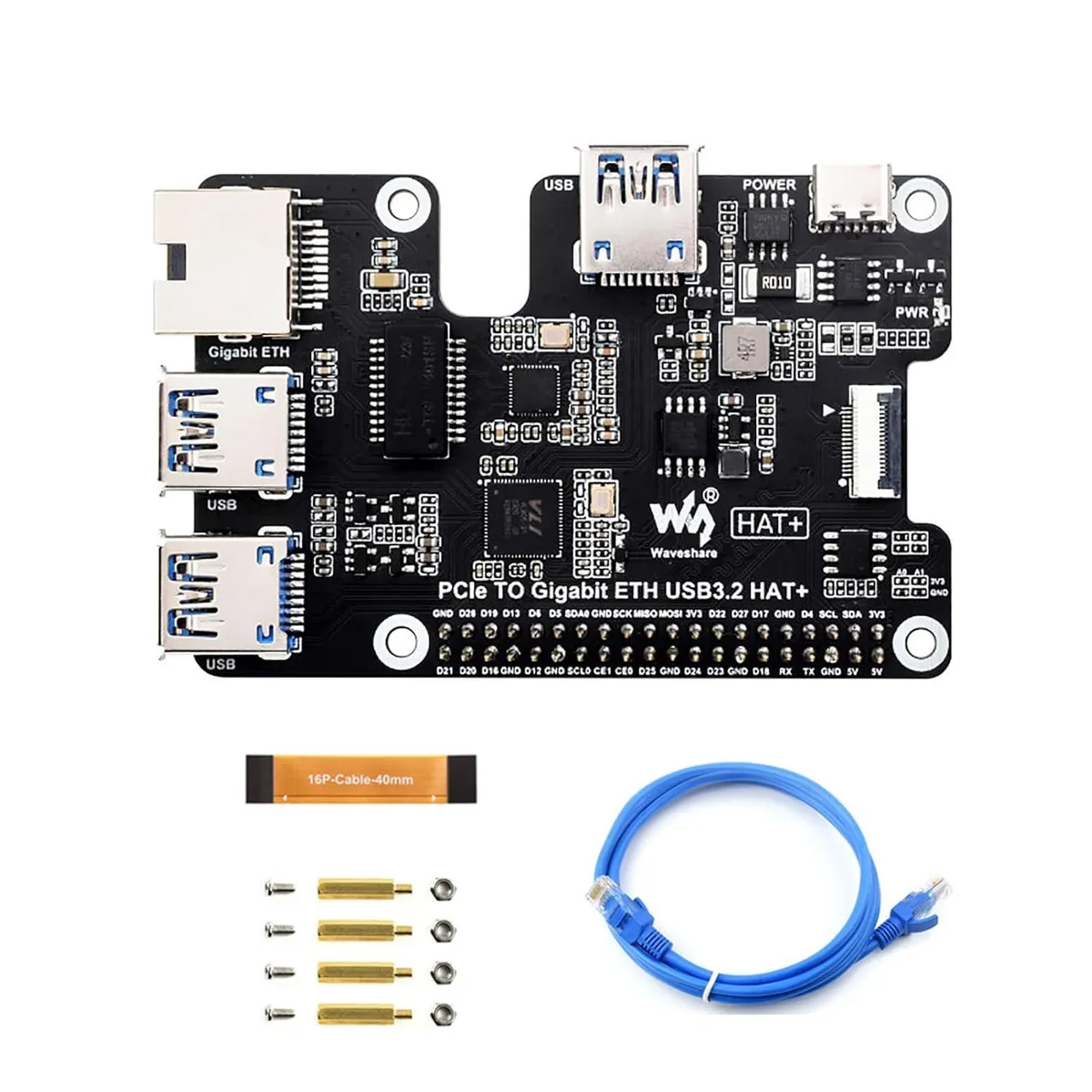 LORDWORLD LORDWORLD PCIe to Gigabit Ethernet and USB 3.2 Gen1 HAT for Raspberry Pi 5 development board — Produktfoto