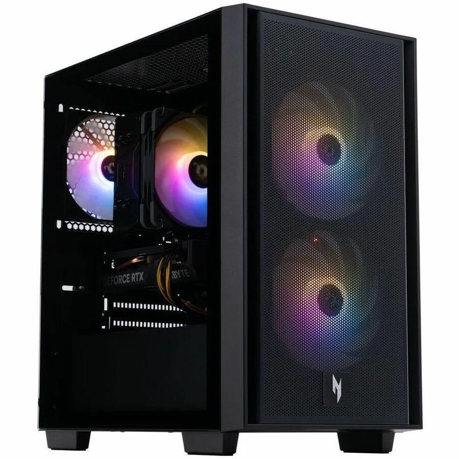Black mid-tower gaming desktop with angular vents