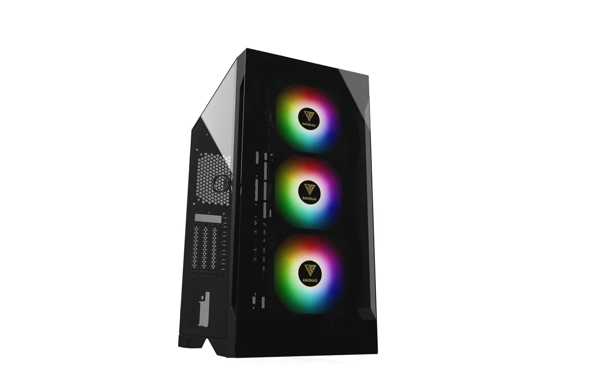 Black mid-tower case with trapezoidal tempered glass front panel and three 120mm ARGB fans visible behind the glass