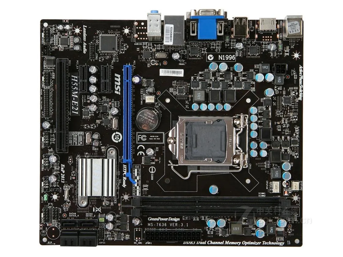 Green Micro ATX motherboard with silver LGA 1156 socket and black DDR3 slots