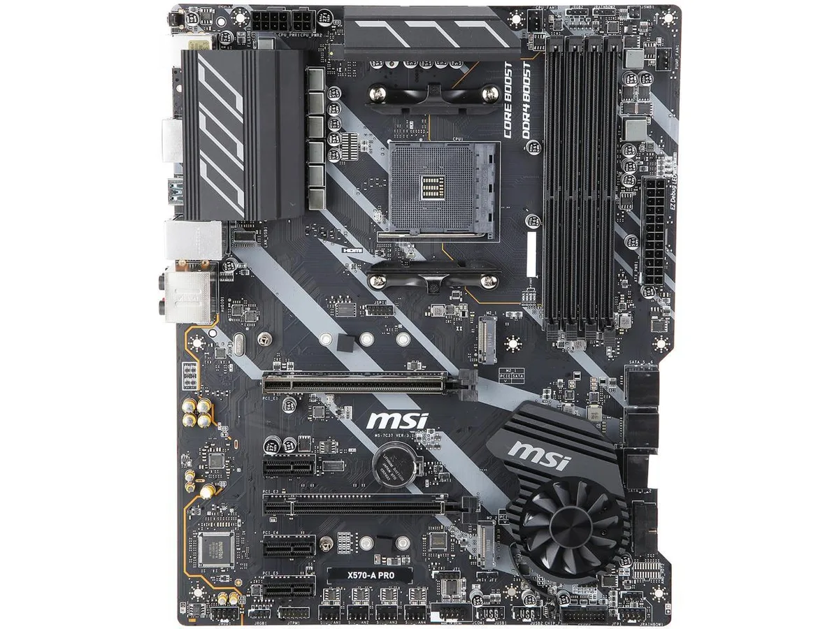 Rectangular ATX board in dark grey with silver heatsinks and black slots