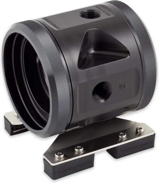 Black acetal dual D5 pump top with G1/4 ports and stainless mounting bracket