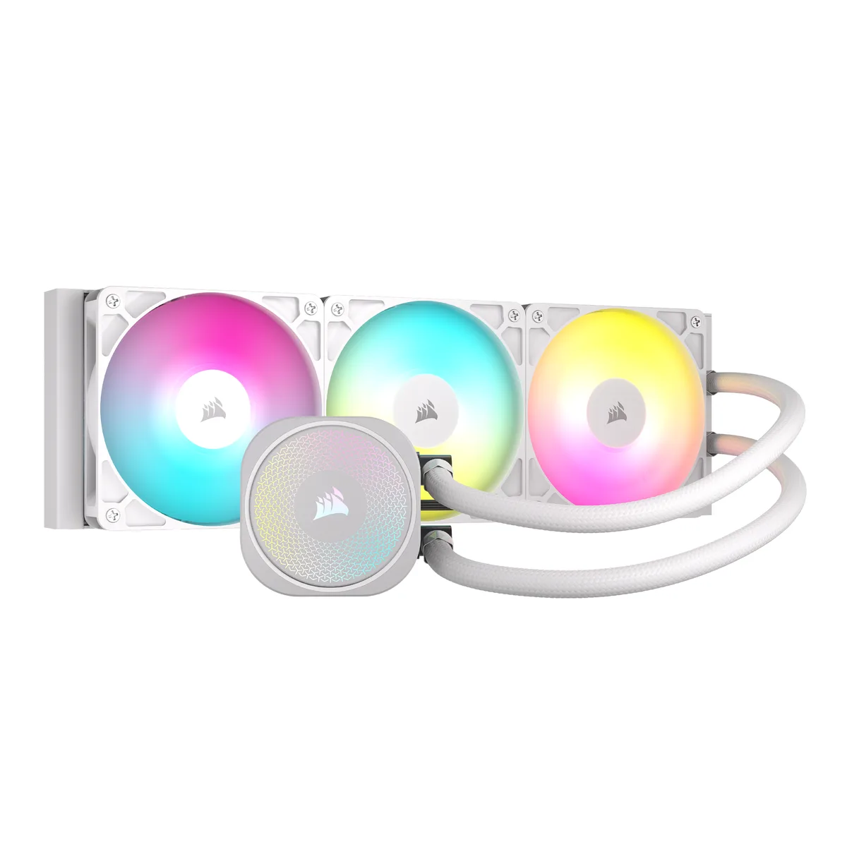 White 360 mm radiator with three 120 mm ARGB fans and matching pump block