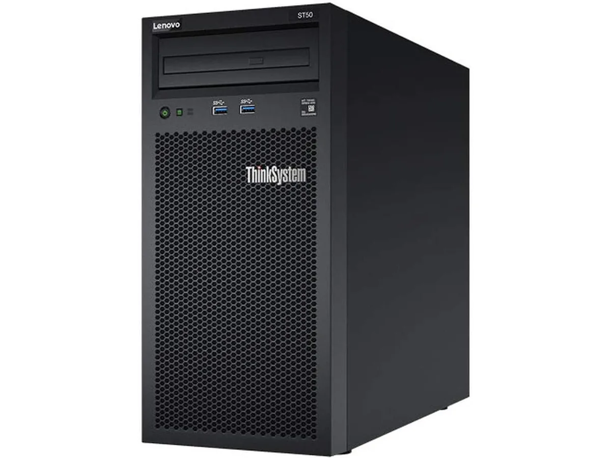 A black tower server standing upright with a matte finish and front panel branding