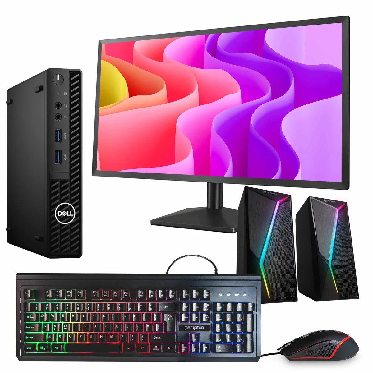Black Dell OptiPlex 3090 Mini PC tower beside 24 inch monitor with keyboard mouse and RGB speakers