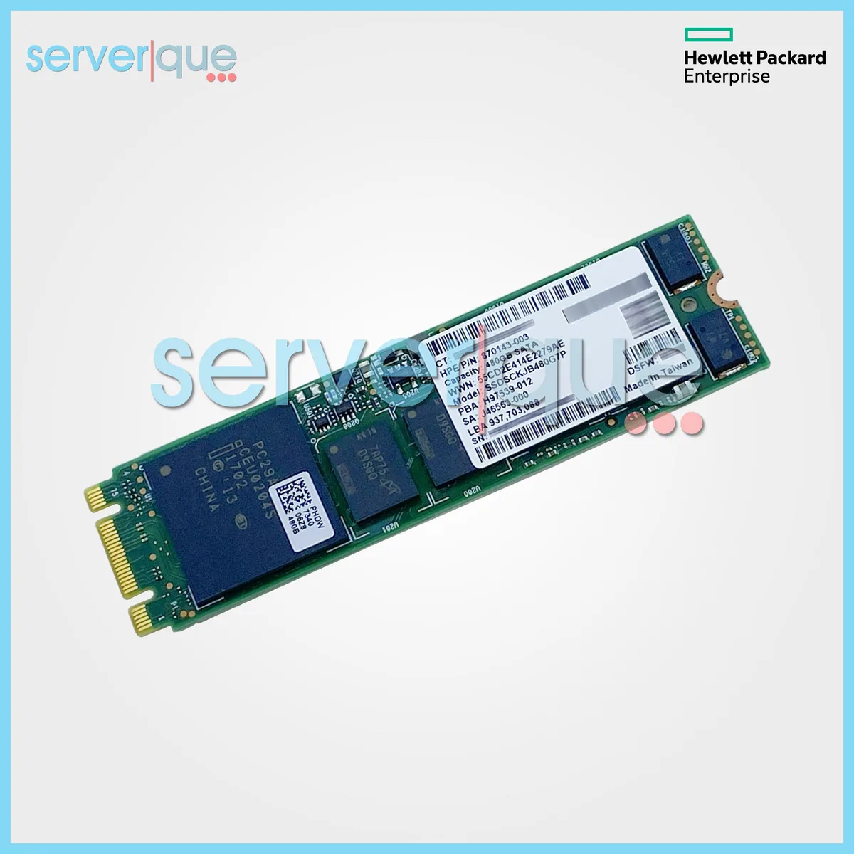 HPE 480GB SATA M.2 2280 internal SSD with green circuit board and gold edge connector