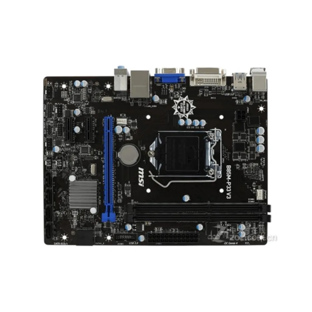 Green micro ATX motherboard with silver LGA 1150 socket and black expansion slots