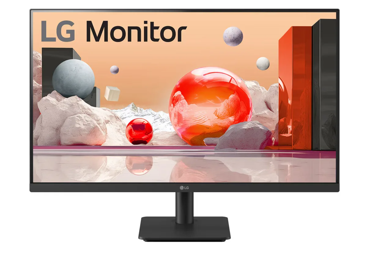 Black 27-inch flat IPS monitor on tilt stand, matte anti-glare screen, thin bezels