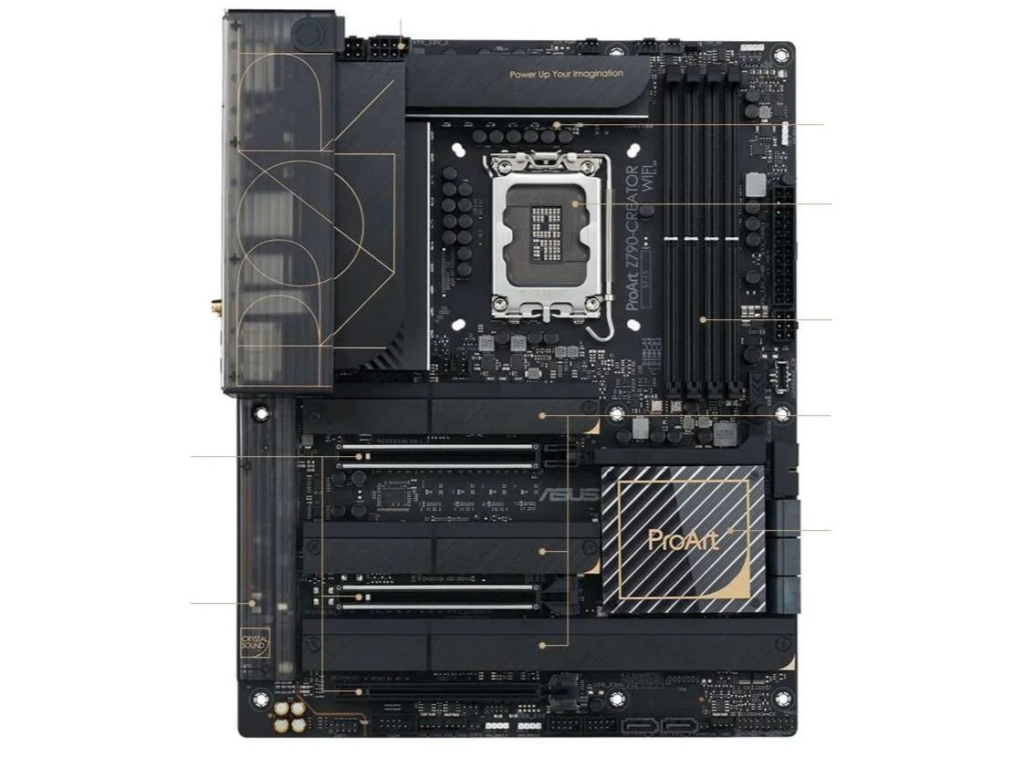 ATX motherboard dark finish visible LGA 1700 socket DDR5 slots SATA ports