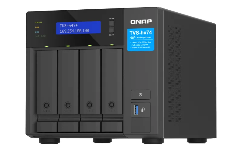 Silver desktop NAS tower with six drive bays and front status LEDs
