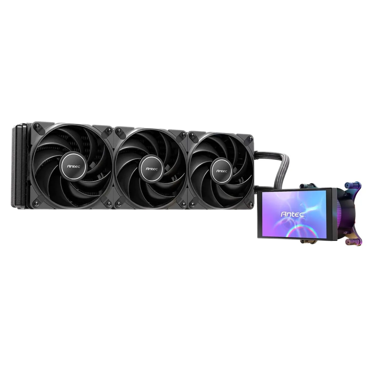 Black rectangular AIO liquid cooler with a 5-inch IPS screen on the pump block, three 120 mm fans on a 360 mm radiator