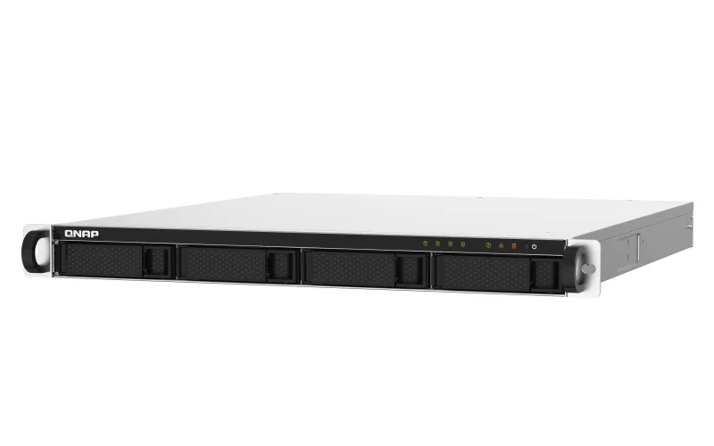 Silver 1U rackmount chassis with four front drive bays and status LEDs