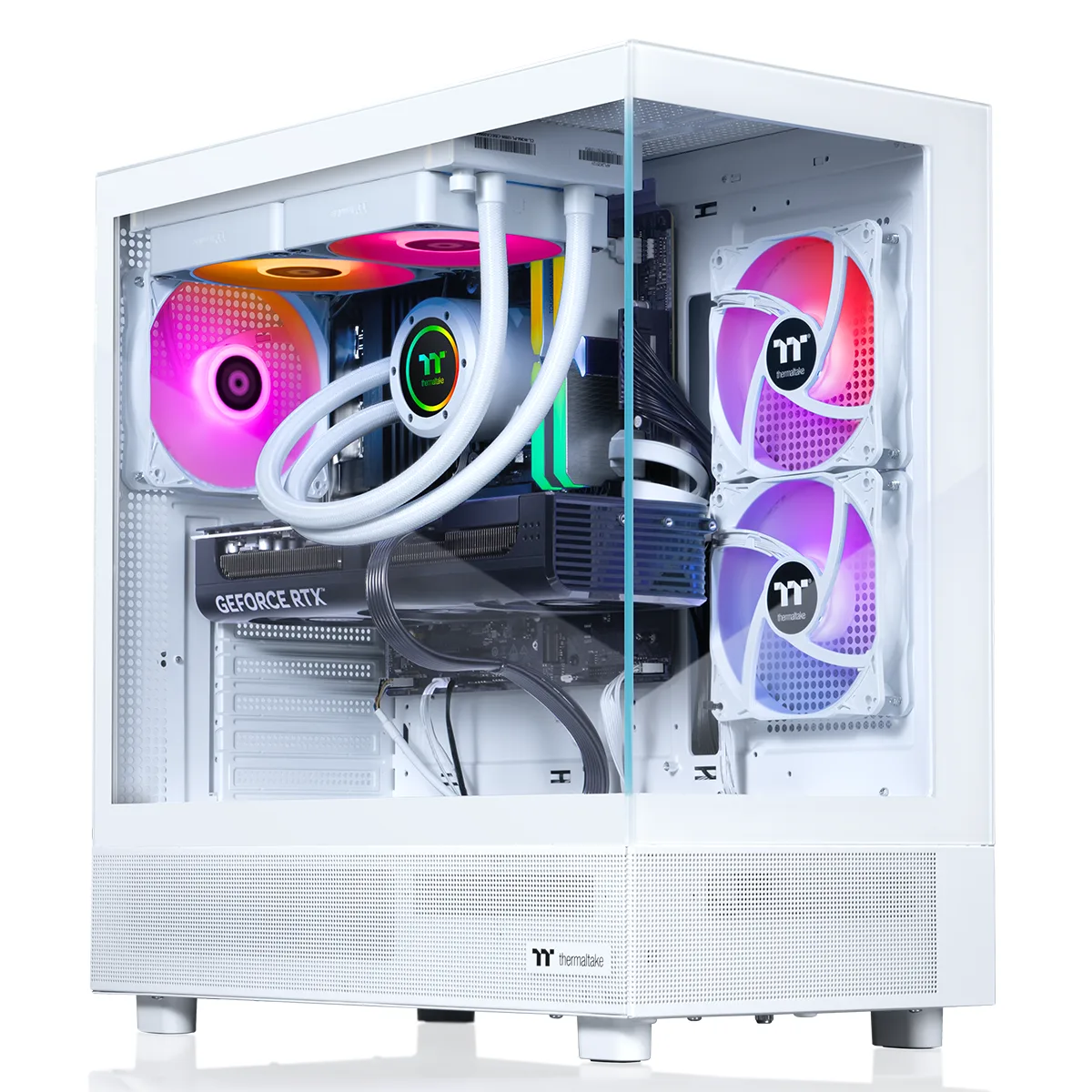 White mid-tower gaming desktop with tempered glass side panel and ARGB liquid cooler visible inside