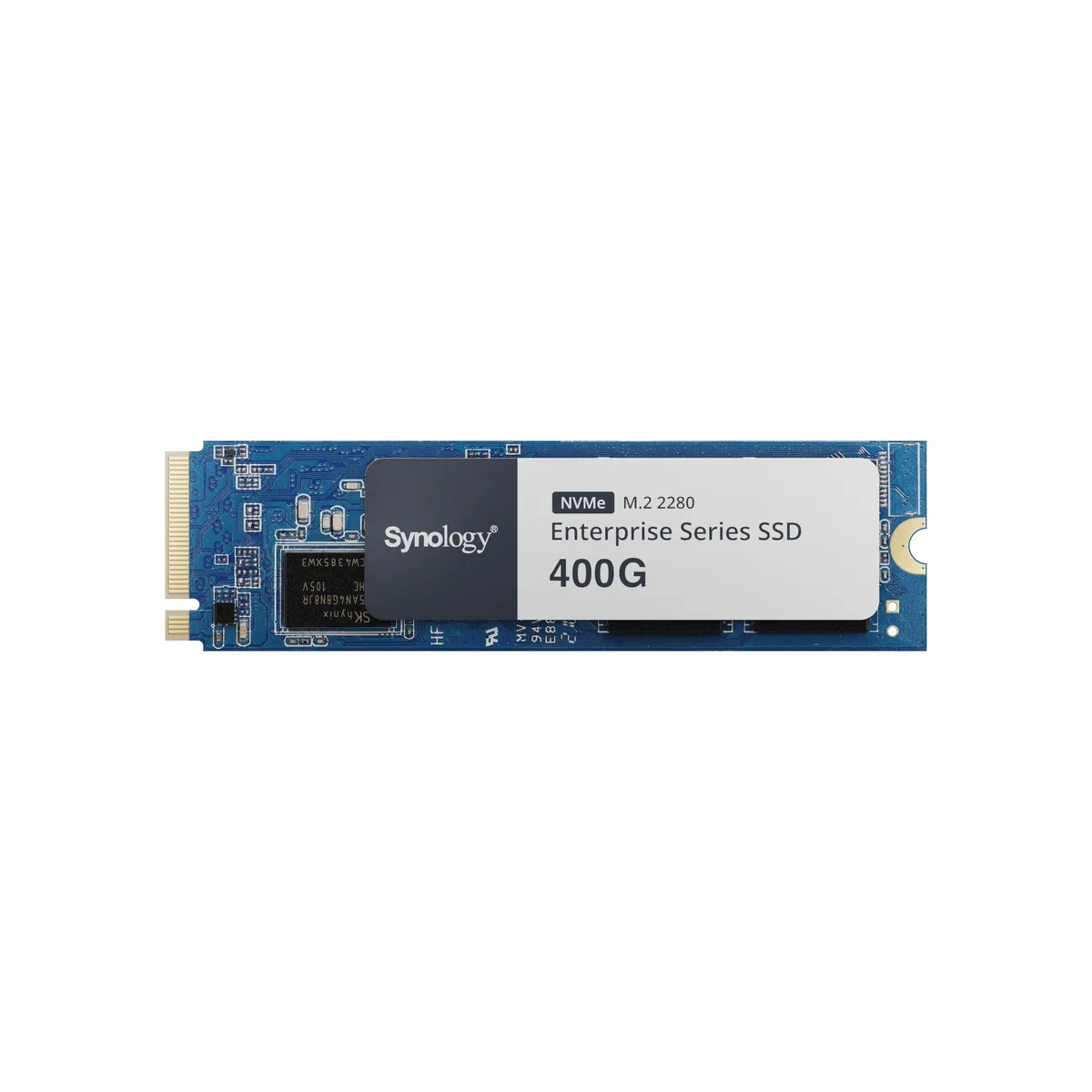 Green circuit board M.2 2280 SSD with gold edge connector and black controller chips
