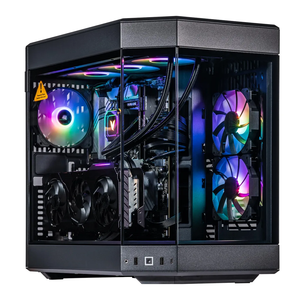 Black mid-tower desktop with RGB-lit 360mm AIO visible through side panel