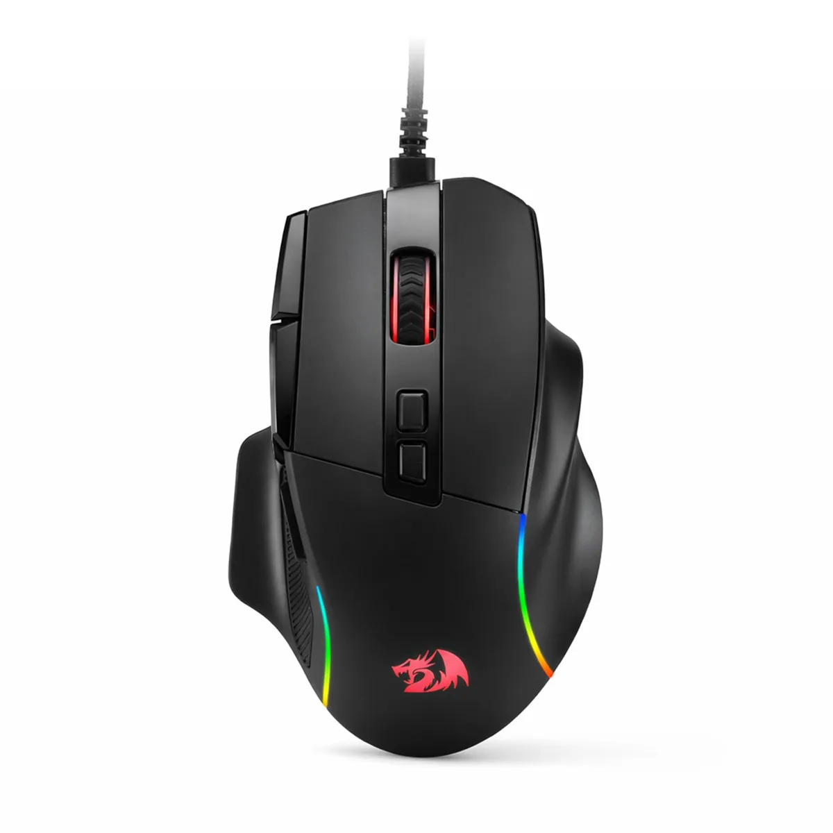 Black right-handed wired gaming mouse with ergonomic shape, textured side grips, RGB lighting zones, and multiple side buttons