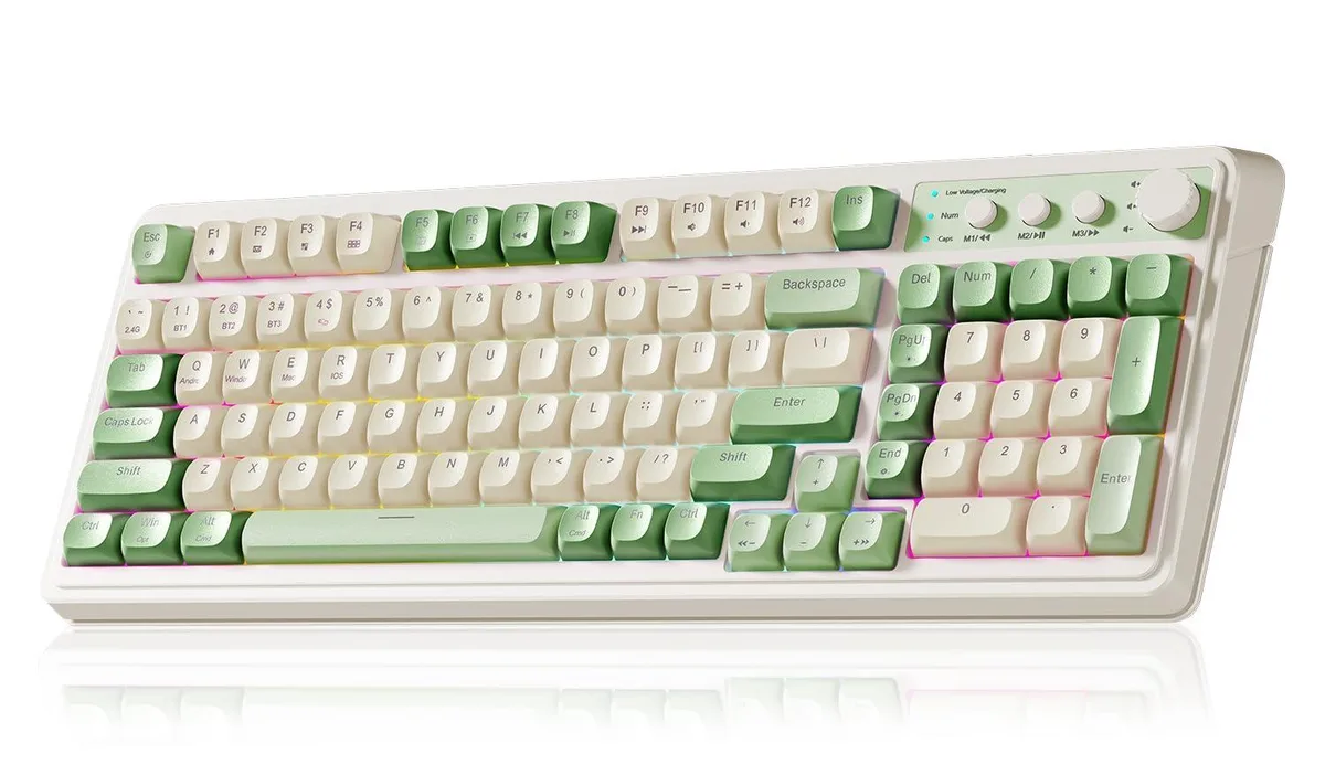 Green and beige 99 key gaming keyboard with RGB backlighting