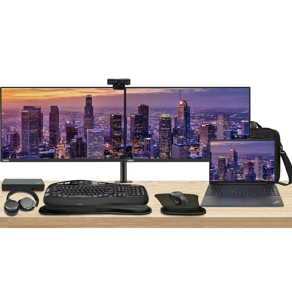Lenovo ThinkPad E16 laptop with dual 24-inch ThinkVision monitors on adjustable stand, USB-C dock, wireless keyboard and mouse